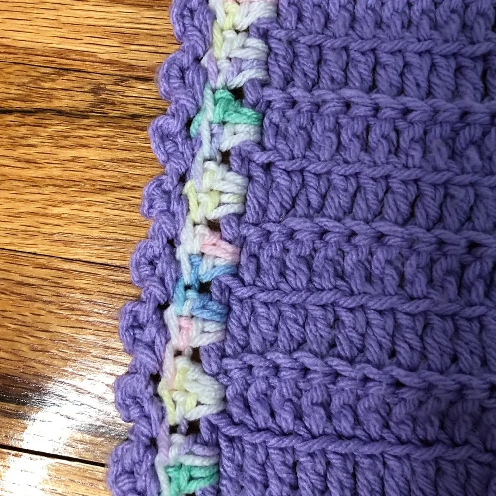 Baby blanket handmade crochet purple with‎ white multicolor trim 38” x 38”